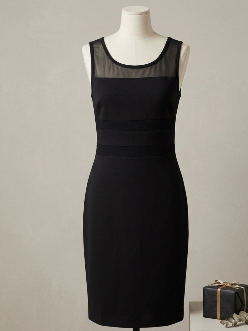 Bisou Bisou Black Midi Sheath Dress with Sheer Yoke 6